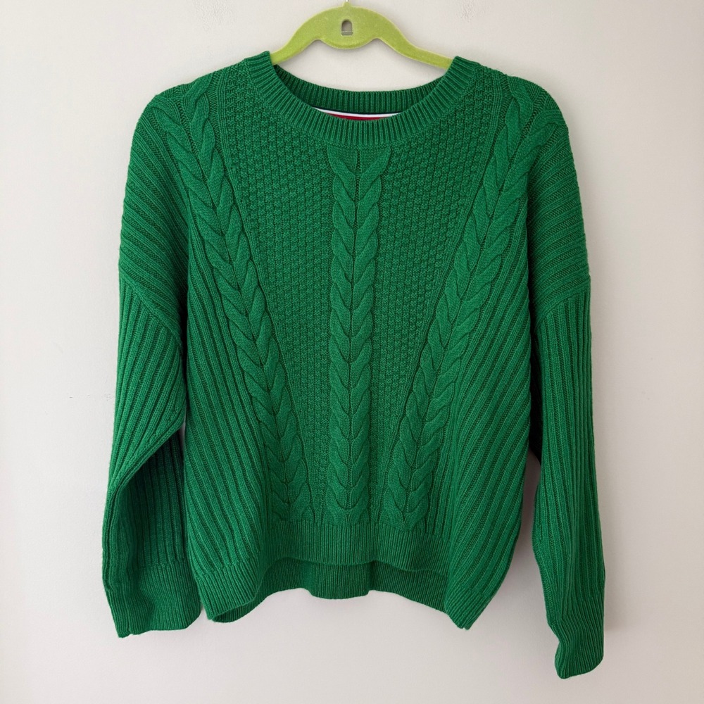 Tommy Hilfiger Green Cable Knit Crewneck Sweater Ribbed Drop Shoulder Size M